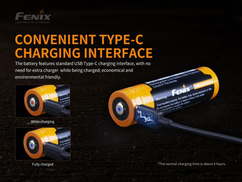 Rechargeable battery Fenix 21700 5000 mAh with USB-C (Li-Ion)
