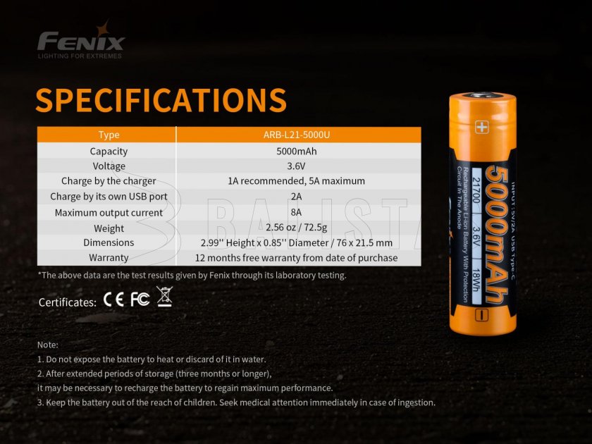 Rechargeable battery Fenix 21700 5000 mAh with USB-C (Li-Ion)