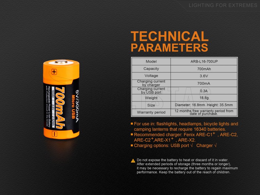 Rechargeable USB battery Fenix RCR123A/16340 (Li-ion)